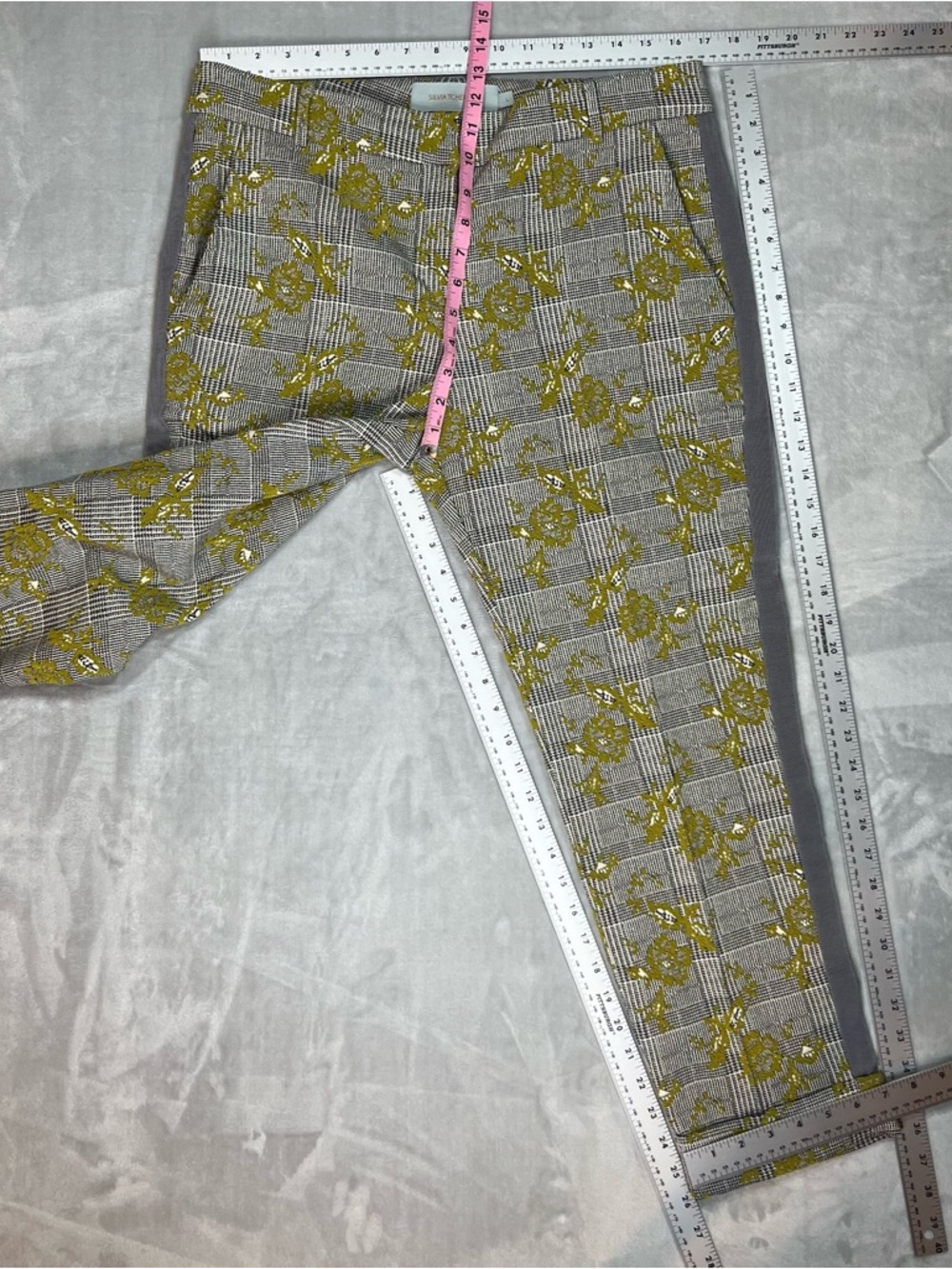 Silvia Tcherassi Yellow & Gray Plaid Floral Trousers - Picture 3 of 13